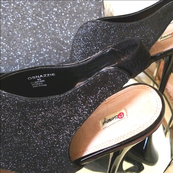 Black shimmer 5" stiletto heel platform shoes. - Picture 2 of 4